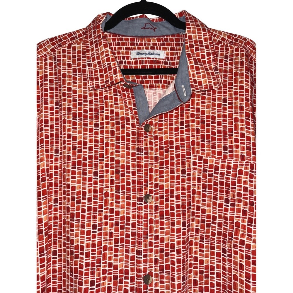 Tommy Bahama Mens XXL Red Orange Geometric Mosaic Print 100% Silk Button Shirt